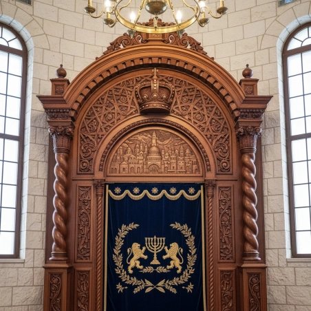Exquisite Aron Kodesh: Handcrafted wood, intricate carvings, and luxurious blue velvet parochet.