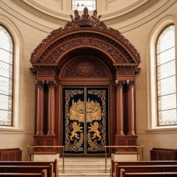 Ornate Solid Wood Aron Kodesh: Hand-Carved Jerusalem & Menorah Embroidery for Synagogues.