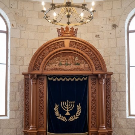 Stunning hand-carved Aron Kodesh, a testament to premium synagogue furniture manufacturing and design excellence.