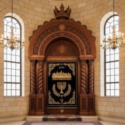Magnificent hand-carved Aron Kodesh: Ornate solid wood Holy Ark, premium craftsmanship for sacred synagogue interiors.