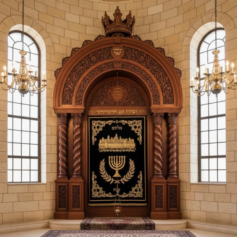 Magnificent hand-carved Aron Kodesh: Ornate solid wood Holy Ark, premium craftsmanship for sacred synagogue interiors. Magnificent hand-carved Aron Kodesh: Ornate solid wood Holy Ark, premium craftsmanship for sacred synagogue interiors.