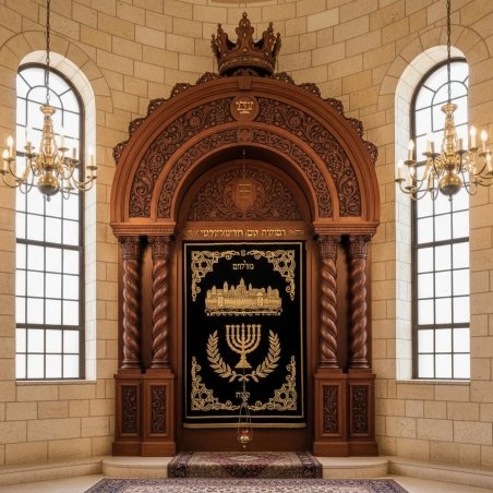 Magnificent hand-carved Aron Kodesh: Ornate solid wood Holy Ark, premium craftsmanship for sacred synagogue interiors.