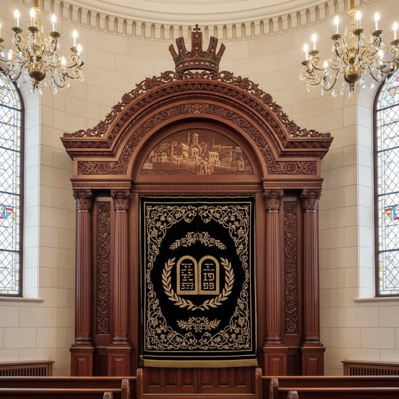Hand-Carved Aron Kodesh: Premium Synagogue Ark with Golden Menorah Embroidery by Top Furniture Manufacturer. Hand-Carved Aron Kodesh: Premium Synagogue Ark with Golden Menorah Embroidery by Top Furniture Manufacturer.