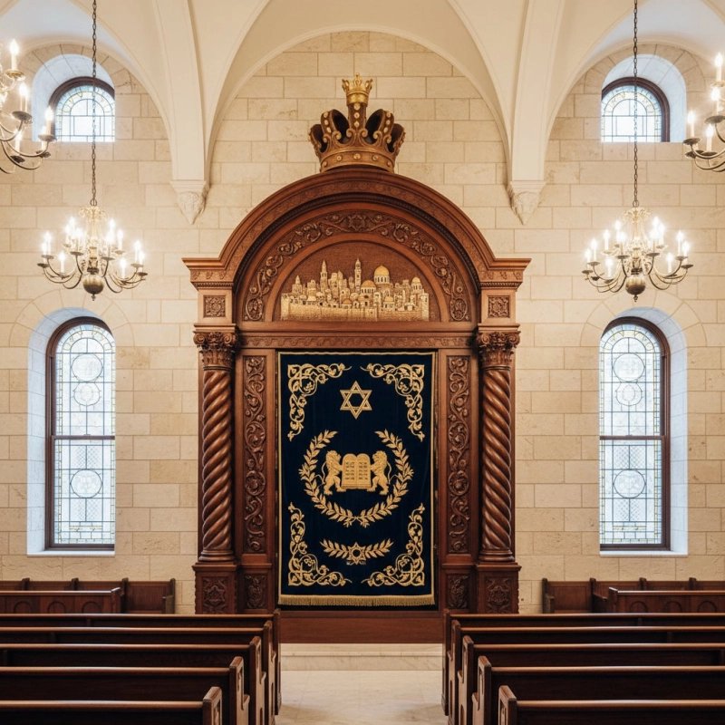 Premium handcrafted Aron Kodesh: Solid wood, deep blue velvet, golden embroidery, bespoke synagogue furniture. Premium handcrafted Aron Kodesh: Solid wood, deep blue velvet, golden embroidery, bespoke synagogue furniture.