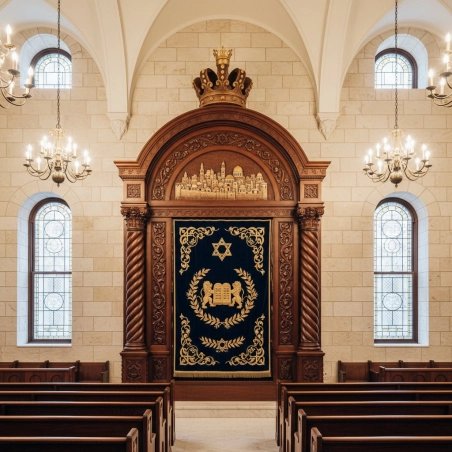 Premium handcrafted Aron Kodesh: Solid wood, deep blue velvet, golden embroidery, bespoke synagogue furniture.