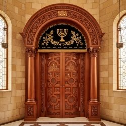 Ornate Hand-Carved Aron Kodesh with Jerusalem-Embroidered Parochet | Premium Synagogue Furniture Manufacturer