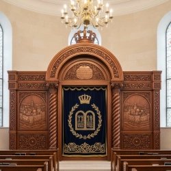 Premium handcrafted Aron Kodesh, dark wood & gold embroidered parochet. Synagogue furniture manufacturing excellence.