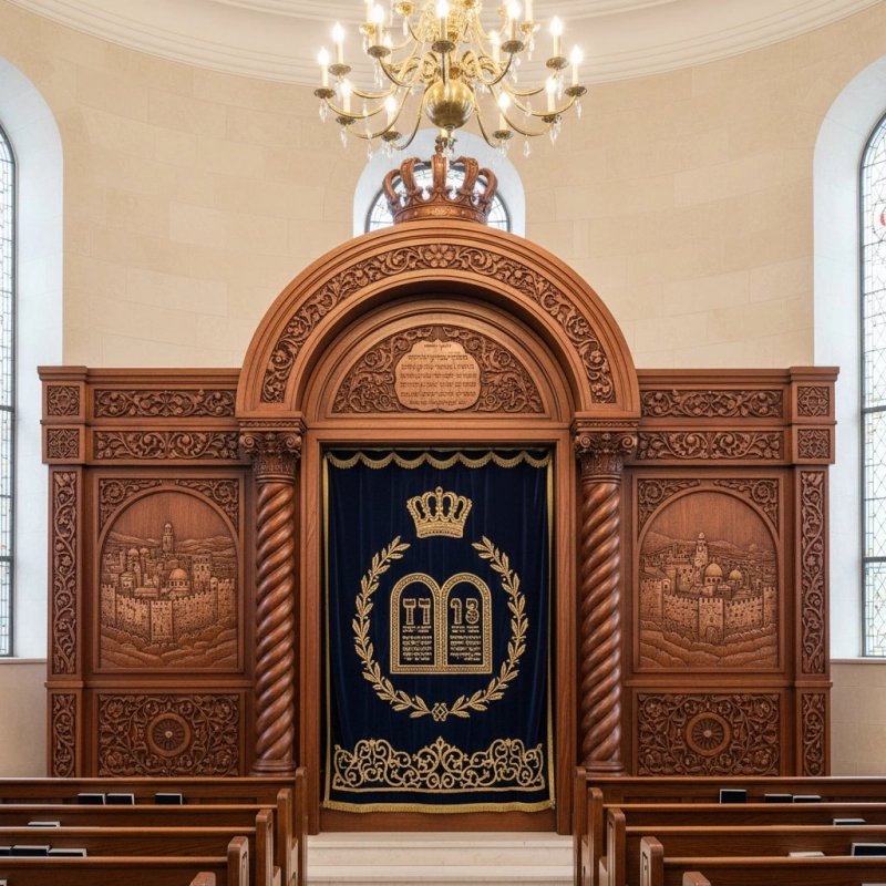 Premium handcrafted Aron Kodesh, dark wood & gold embroidered parochet. Synagogue furniture manufacturing excellence. Premium handcrafted Aron Kodesh, dark wood & gold embroidered parochet. Synagogue furniture manufacturing excellence.