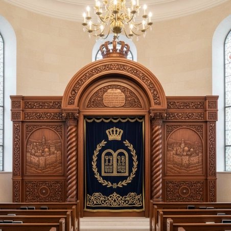 Premium handcrafted Aron Kodesh, dark wood & gold embroidered parochet. Synagogue furniture manufacturing excellence.