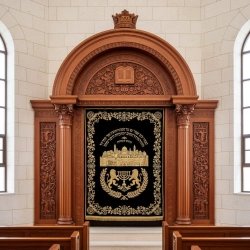 Premium Aron Kodesh: Hand-Carved Wood, Velvet Jerusalem & Menorah Embroidery. Synagogue Furniture Excellence.
