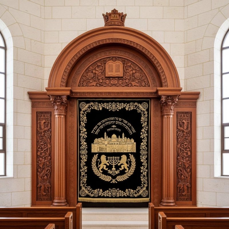 Premium Aron Kodesh: Hand-Carved Wood, Velvet Jerusalem & Menorah Embroidery. Synagogue Furniture Excellence. Premium Aron Kodesh: Hand-Carved Wood, Velvet Jerusalem & Menorah Embroidery. Synagogue Furniture Excellence.