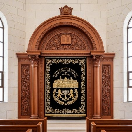 Premium Aron Kodesh: Hand-Carved Wood, Velvet Jerusalem & Menorah Embroidery. Synagogue Furniture Excellence.