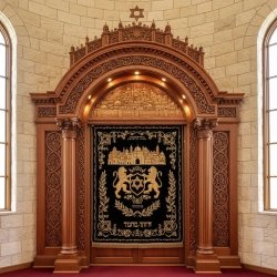 Exquisite handcrafted solid hardwood Aron Kodesh by leading furniture manufacturer, ideal for synagogues.