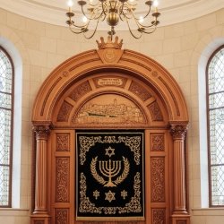 Exquisite Hand-Carved Aron Kodesh with Gold Embroidered Velvet Curtain - Premium Synagogue Furniture.
