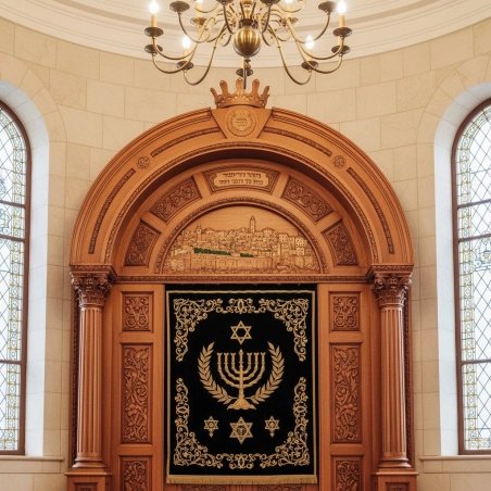 Exquisite Hand-Carved Aron Kodesh with Gold Embroidered Velvet Curtain - Premium Synagogue Furniture.