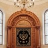 Exquisite Hand-Carved Aron Kodesh with Gold Embroidered Velvet Curtain - Premium Synagogue Furniture.
