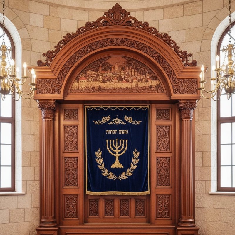 Exquisite Aron Kodesh: Hand-carved solid wood Holy Ark with navy velvet and gold embroidery by a leading furniture manufacturer. Exquisite Aron Kodesh: Hand-carved solid wood Holy Ark with navy velvet and gold embroidery by a leading furniture manufacturer.