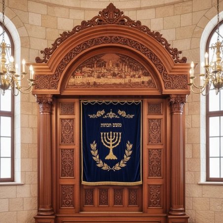 Exquisite Aron Kodesh: Hand-carved solid wood Holy Ark with navy velvet and gold embroidery by a leading furniture manufacturer.