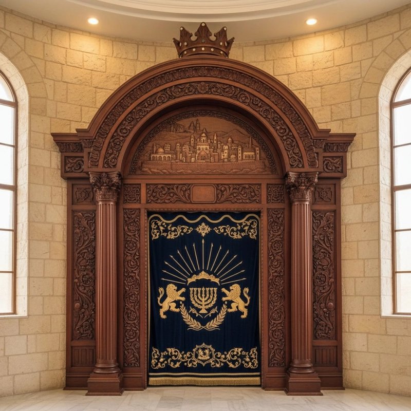 Ornate Hand-Carved Aron Kodesh: Solid Wood Synagogue Holy Ark by Premium Furniture Manufacturer. Ornate Hand-Carved Aron Kodesh: Solid Wood Synagogue Holy Ark by Premium Furniture Manufacturer.
