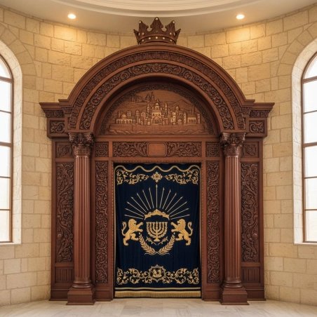 Ornate Hand-Carved Aron Kodesh: Solid Wood Synagogue Holy Ark by Premium Furniture Manufacturer.