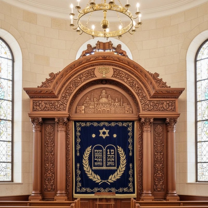 Stunning Aron Kodesh with royal blue and gold embroidery, showcasing superior manufacturing quality for synagogues.