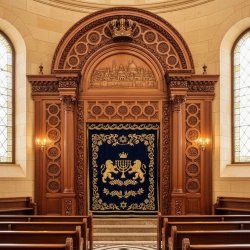 Stunning Aron Kodesh with exquisite wood carvings and blue velvet Parochet, embodying premium synagogue furniture manufacturing.