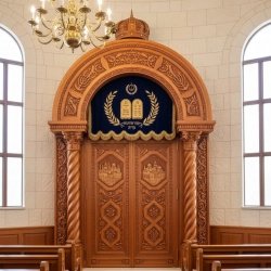Ornate Solid Wood Aron Kodesh with Velvet Parochet and Jerusalem Motifs for Synagogue Sanctuary
