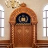 Ornate Solid Wood Aron Kodesh with Velvet Parochet and Jerusalem Motifs for Synagogue Sanctuary