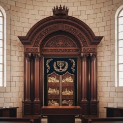 Exquisite Aron Kodesh: Hand-Carved Dark Wood & Gold Embroidered Velvet Parochet. Premier Synagogue Furniture by Expert Artisans.