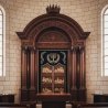 Exquisite Aron Kodesh: Hand-Carved Dark Wood & Gold Embroidered Velvet Parochet. Premier Synagogue Furniture by Expert Artisans.