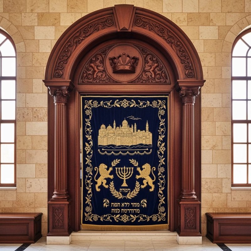 Premium Hand-Carved Wooden Aron Kodesh with Blue Velvet Parochet - Expertly Crafted Synagogue Furniture for Lasting Reverence. Premium Hand-Carved Wooden Aron Kodesh with Blue Velvet Parochet - Expertly Crafted Synagogue Furniture for Lasting Reverence.