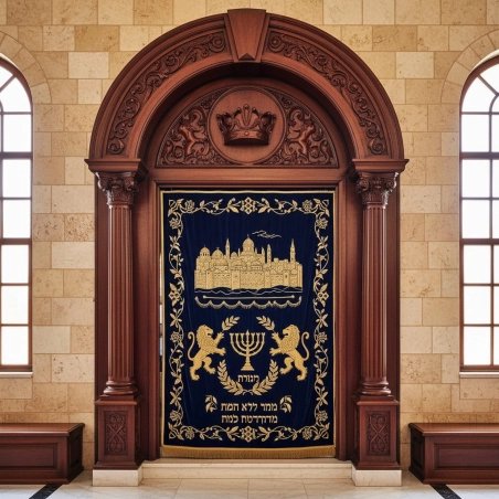 Premium Hand-Carved Wooden Aron Kodesh with Blue Velvet Parochet - Expertly Crafted Synagogue Furniture for Lasting Reverence.