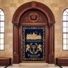 Premium Hand-Carved Wooden Aron Kodesh with Blue Velvet Parochet - Expertly Crafted Synagogue Furniture for Lasting Reverence.
