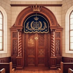 Majestic Hand-Carved Aron Kodesh: Premium Solid Wood Synagogue Furniture with Artisanal Velvet Curtains. Manufacturer quality.