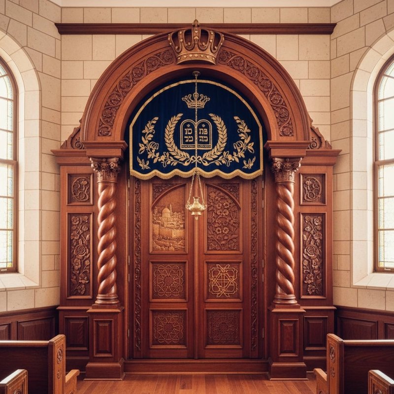 Majestic Hand-Carved Aron Kodesh: Premium Solid Wood Synagogue Furniture with Artisanal Velvet Curtains. Manufacturer quality. Majestic Hand-Carved Aron Kodesh: Premium Solid Wood Synagogue Furniture with Artisanal Velvet Curtains. Manufacturer quality.