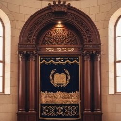 Stunning Aron Kodesh with Hand-Carved Wood and Gold Accents, an Emblem of Quality Synagogue Furniture Manufacturing.