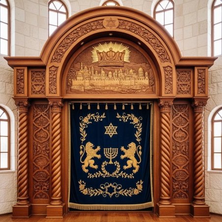 Masterfully crafted Aron Kodesh by leading furniture manufacturer, symbolizing heritage and devotion for synagogue sanctuary.