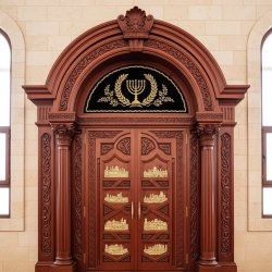 Exquisite Handcrafted Aron Kodesh: Premium Synagogue Furniture with Royal Blue Parochet and Golden Jerusalem Embroidery.