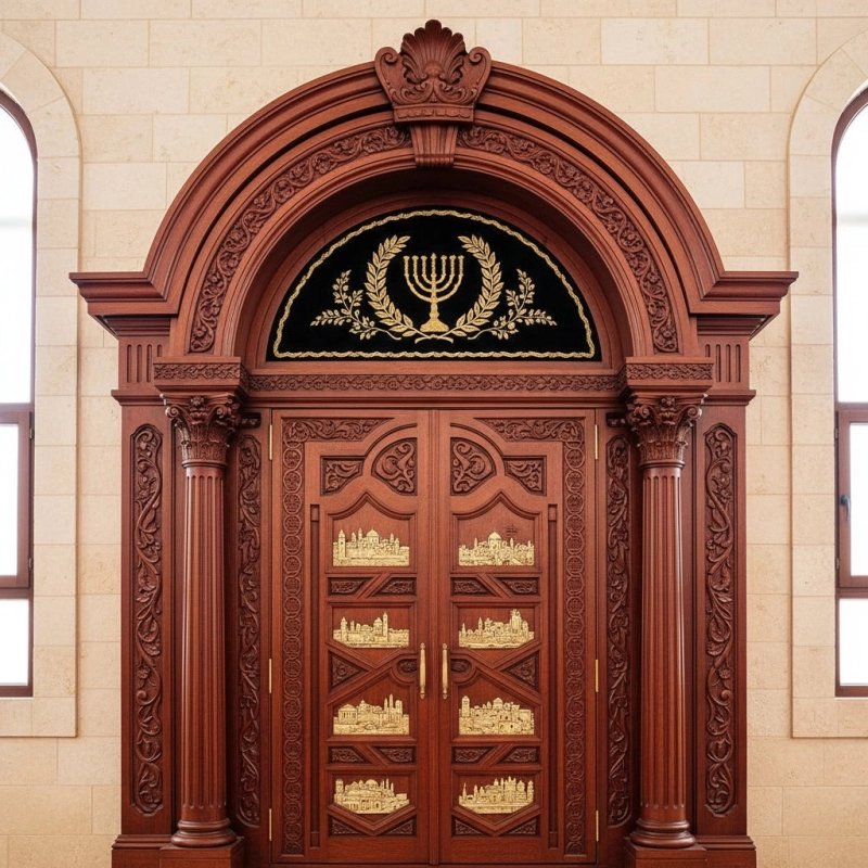 Exquisite Handcrafted Aron Kodesh: Premium Synagogue Furniture with Royal Blue Parochet and Golden Jerusalem Embroidery.
