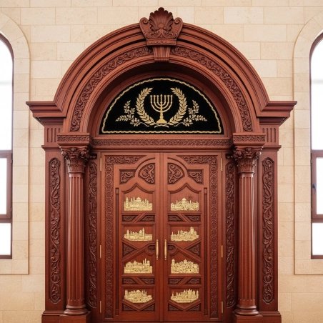 Exquisite Handcrafted Aron Kodesh: Premium Synagogue Furniture with Royal Blue Parochet and Golden Jerusalem Embroidery.