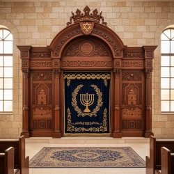 Premium Hand-Carved Aron Kodesh with Gold Embroidered Velvet, Expertly Manufactured Synagogue Furniture