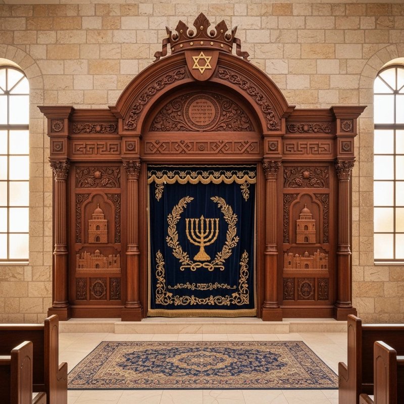 Premium Hand-Carved Aron Kodesh with Gold Embroidered Velvet, Expertly Manufactured Synagogue Furniture Premium Hand-Carved Aron Kodesh with Gold Embroidered Velvet, Expertly Manufactured Synagogue Furniture