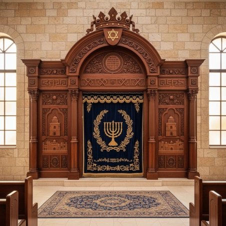 Premium Hand-Carved Aron Kodesh with Gold Embroidered Velvet, Expertly Manufactured Synagogue Furniture