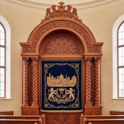 Magnificent Aron Kodesh Holy Ark: Exquisite Carved Wood and Golden Embroidery, a testament to premium furniture manufacturing.