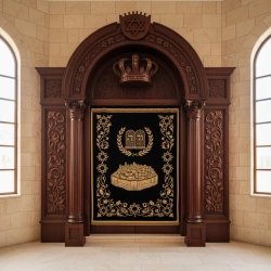 Majestic Aron Kodesh: Hand-carved wood, blue velvet, superior synagogue furniture craftsmanship from a trusted manufacturer.