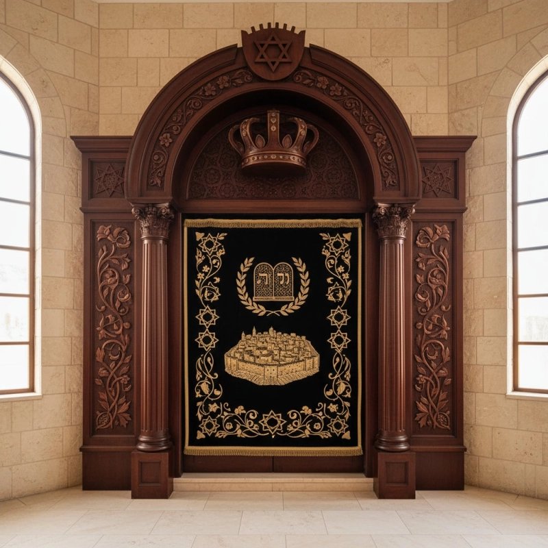 Majestic Aron Kodesh: Hand-carved wood, blue velvet, superior synagogue furniture craftsmanship from a trusted manufacturer. Majestic Aron Kodesh: Hand-carved wood, blue velvet, superior synagogue furniture craftsmanship from a trusted manufacturer.