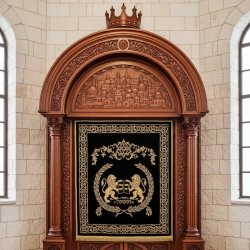 Handcrafted Aron Kodesh Holy Ark: Premium Hardwood Synagogue Furniture with Ornate Design and Gold Embroidery.