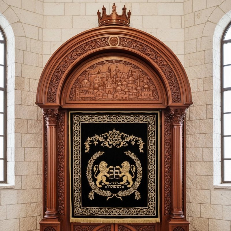 Handcrafted Aron Kodesh Holy Ark: Premium Hardwood Synagogue Furniture with Ornate Design and Gold Embroidery.