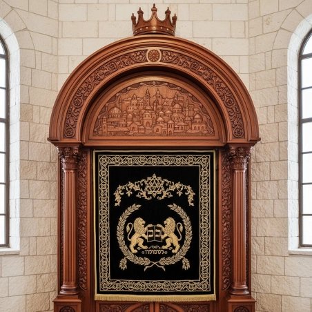 Handcrafted Aron Kodesh Holy Ark: Premium Hardwood Synagogue Furniture with Ornate Design and Gold Embroidery.