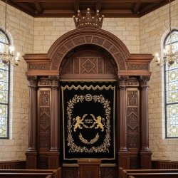 Handcrafted Solid Wood Aron Kodesh with Ornate Carvings and Embroidered Parochet for Synagogues.